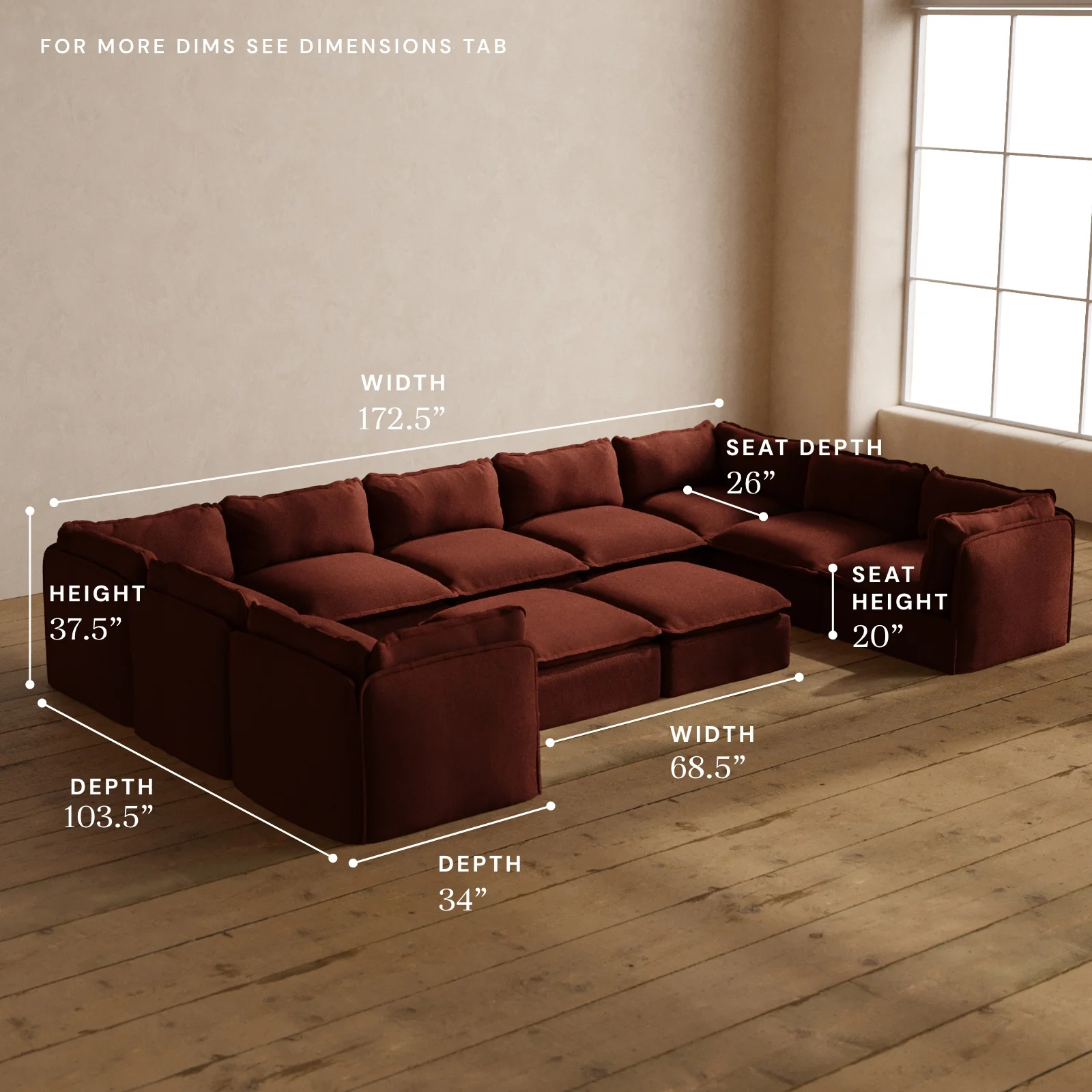 Modular Washable 9-Seater U-Sectional + Bench Ottoman in Rust | Memorix+ Seat | Contour Pillow - Image 5
