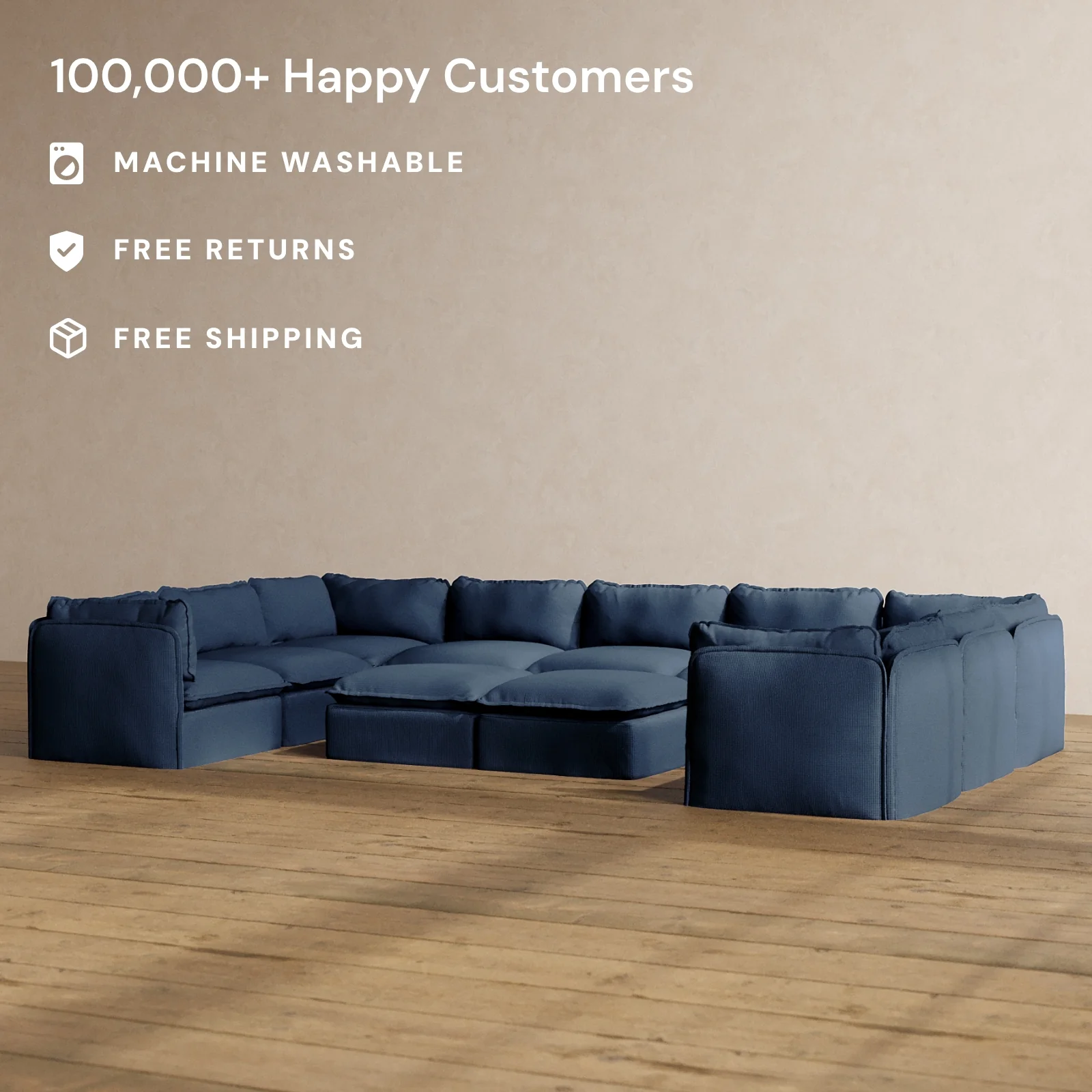 Modular Washable 9-Seater U-Sectional + Bench Ottoman in Sumi | Deluxe+ Seat | Cloud Pillow - Image 2