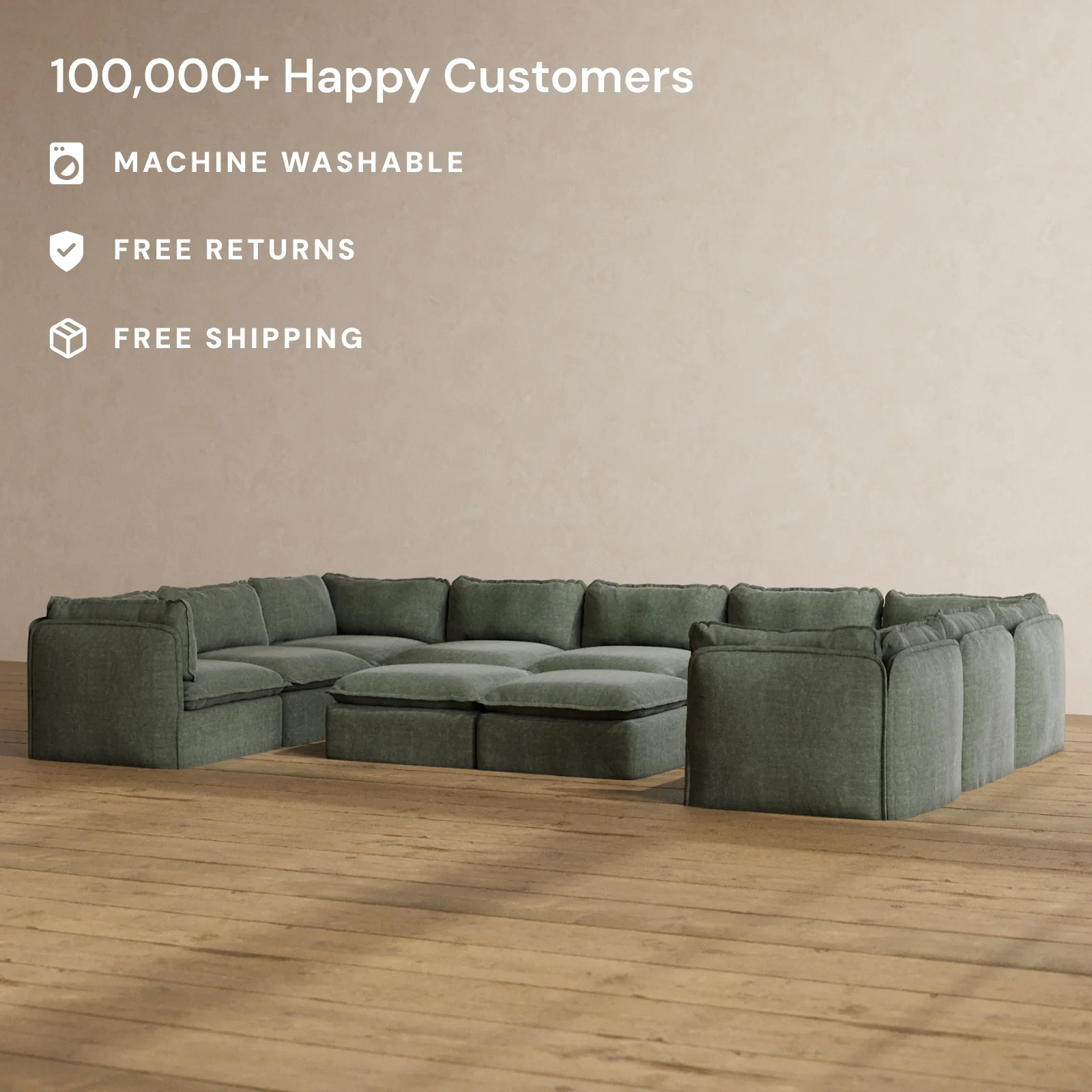Modular Washable 9-Seater U-Sectional + Bench Ottoman in Willow | Memorix+ Seat | Contour Pillow - Image 2