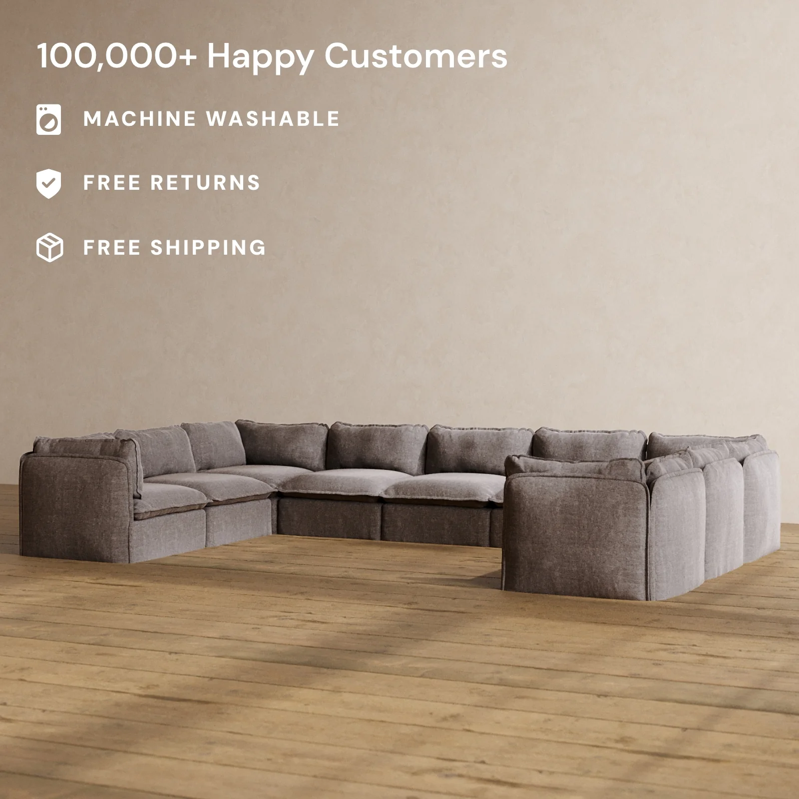 Modular Washable 9-Seater U-Sectional in Caviar | Deluxe+ Seat | Cloud Pillow - Image 2