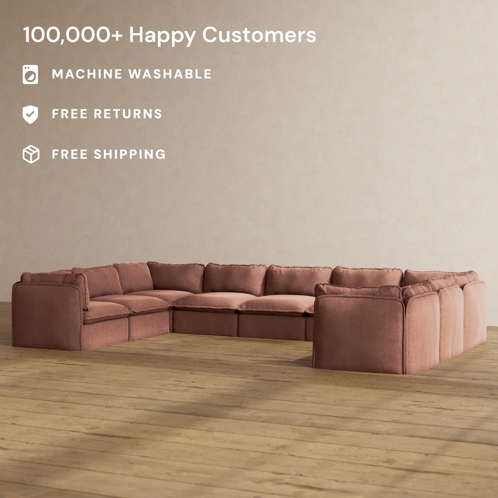 Modular Washable 9-Seater U-Sectional in Chestnut | Deluxe+ Seat | Cloud Pillow - Image 2