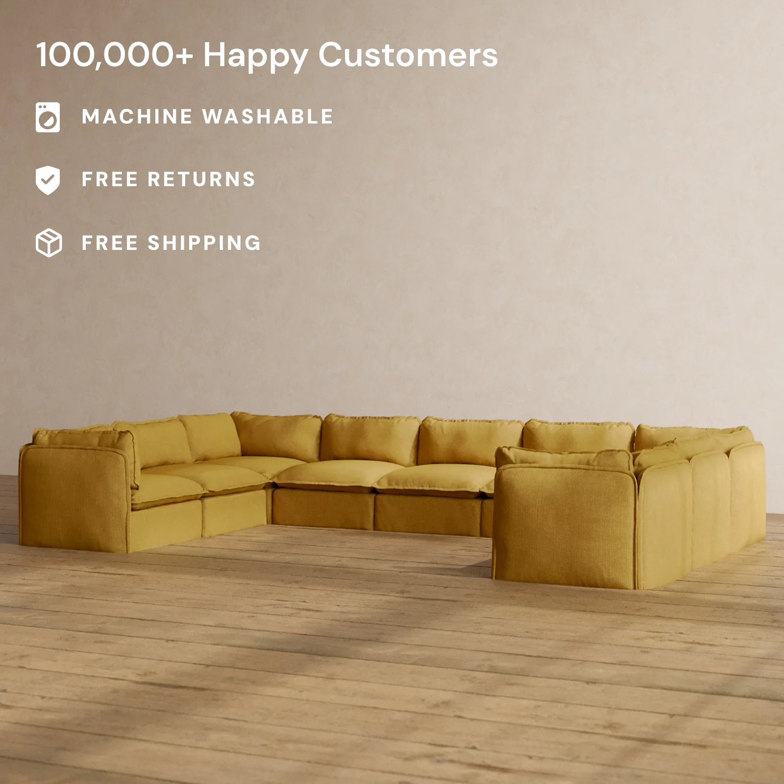 Modular Washable 9-Seater U-Sectional in Kiiro | Deluxe+ Seat | Cloud Pillow - Image 2