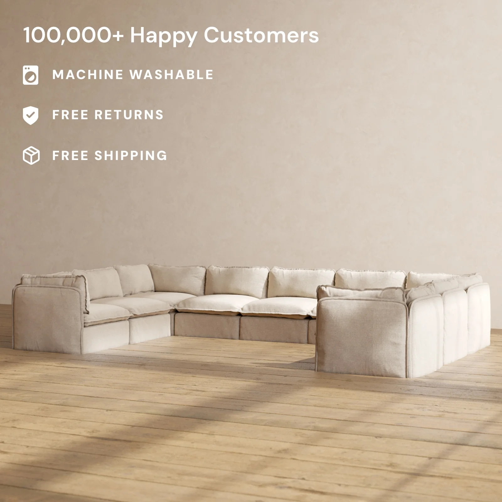 Modular Washable 9-Seater U-Sectional in Oat | Memorix+ Seat | Contour Pillow - Image 2