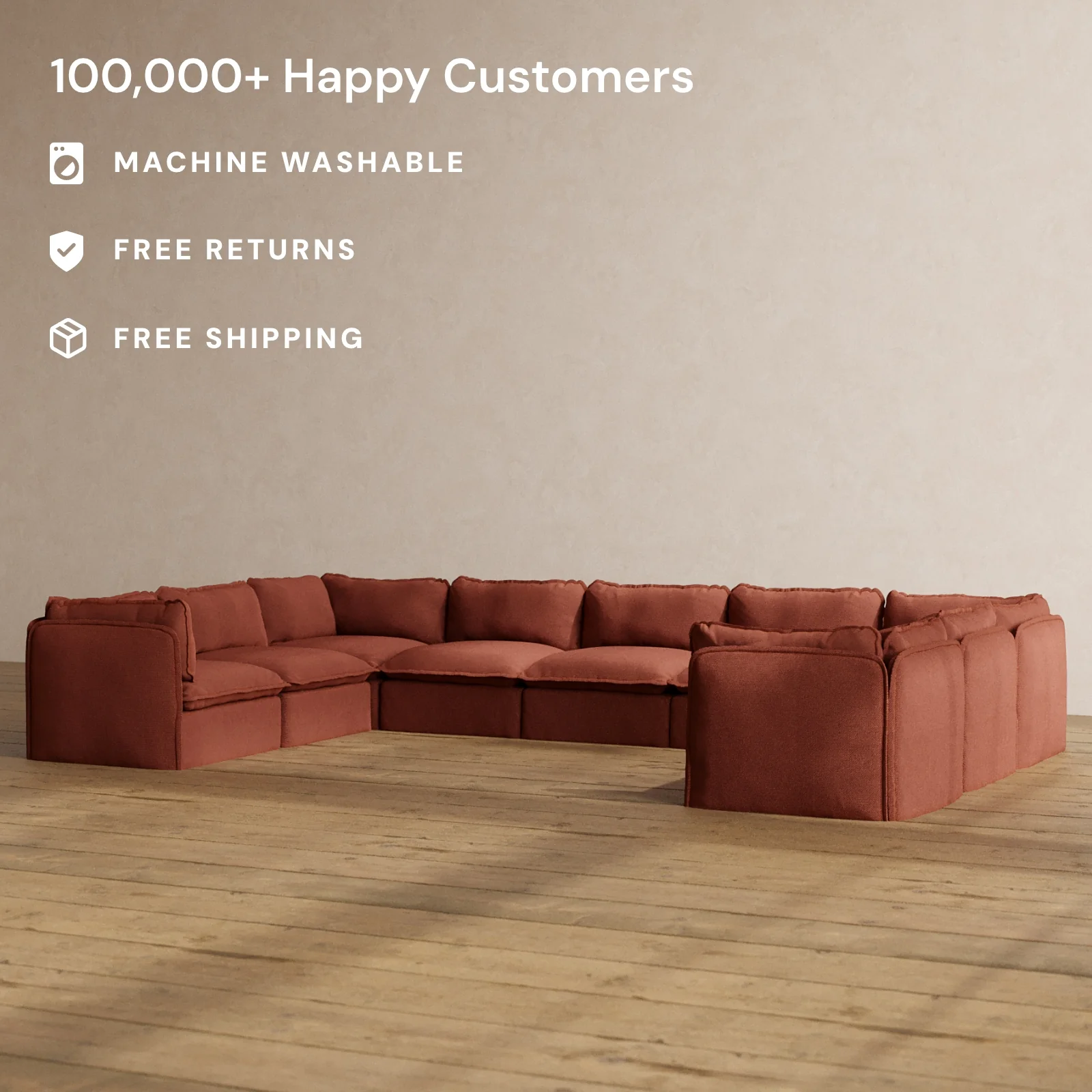Modular Washable 9-Seater U-Sectional in Rust | Deluxe+ Seat | Cloud Pillow - Image 2