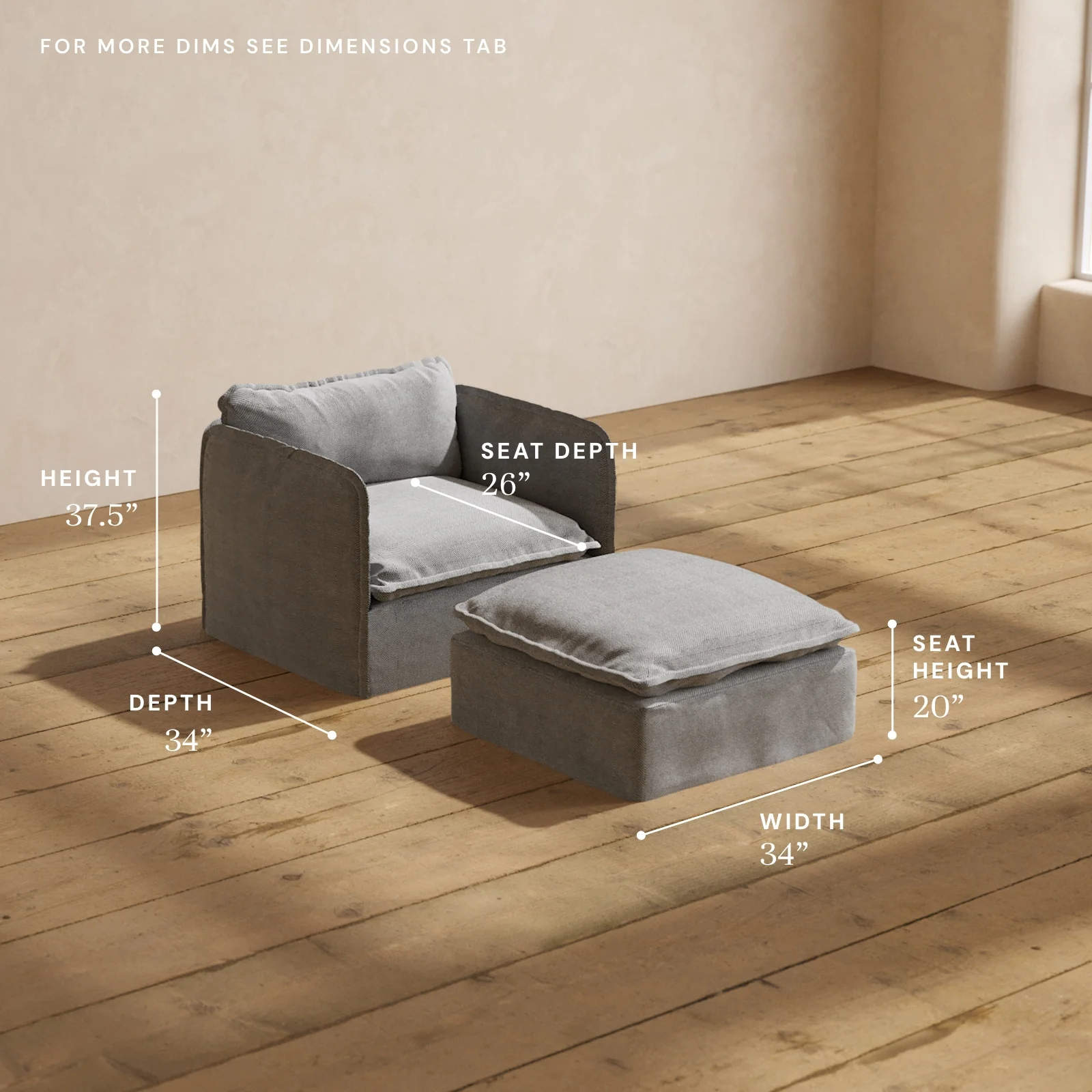 Modular Washable Armchair + Ottoman in Ash | Deluxe+ Seat | Cloud Pillow - Image 5