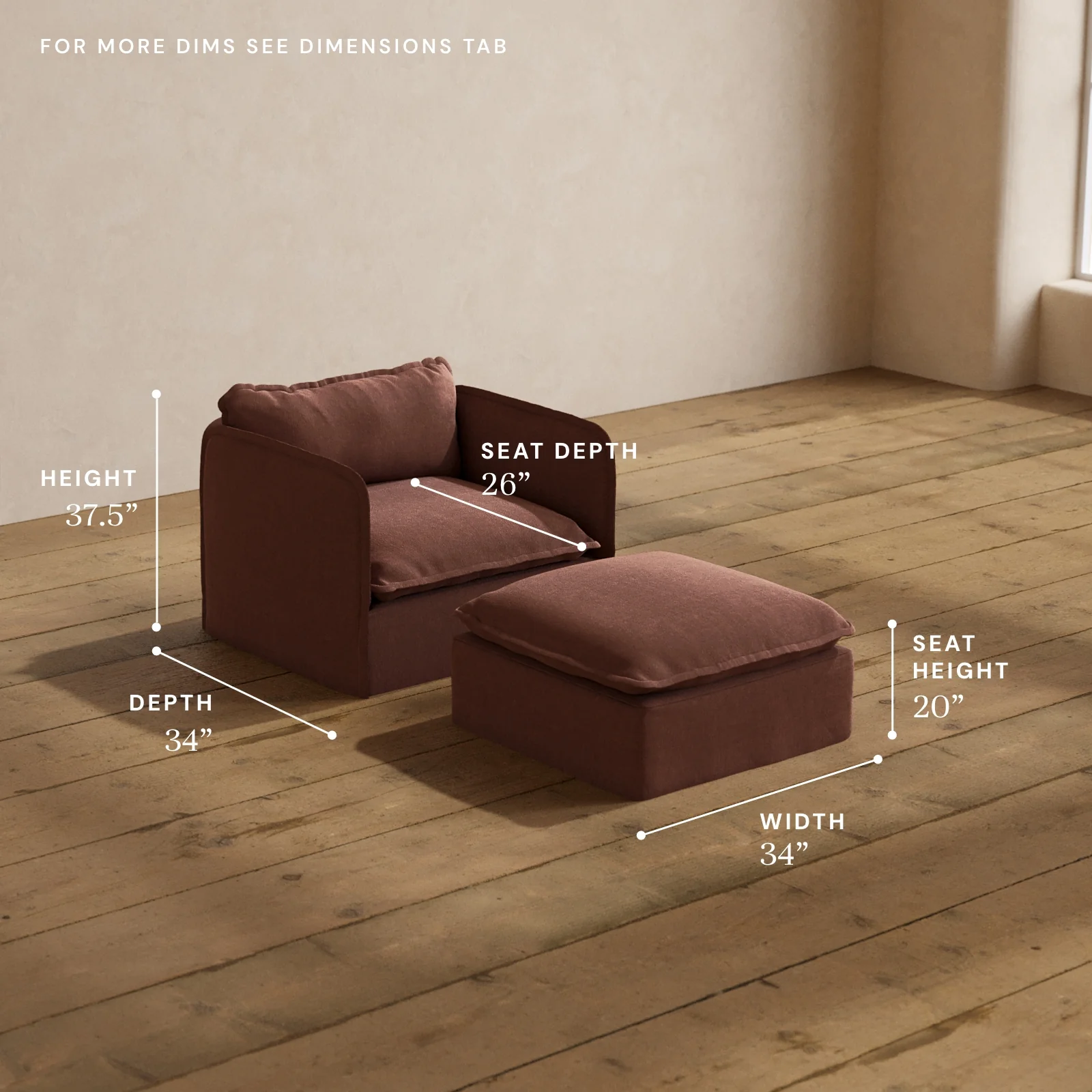 Modular Washable Armchair + Ottoman in Chestnut | Deluxe+ Seat | Cloud Pillow - Image 5