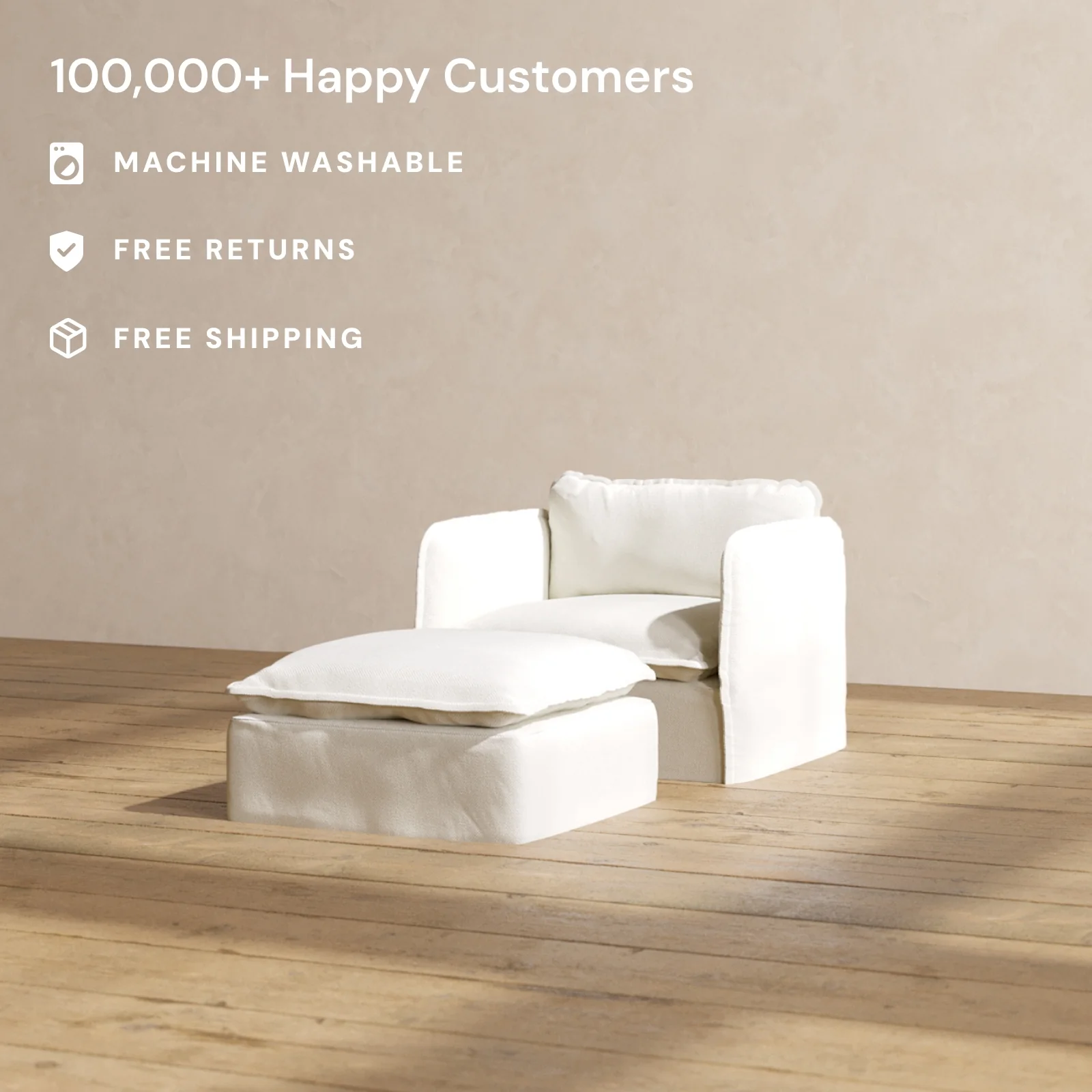 Modular Washable Armchair + Ottoman in Eggshell | Deluxe+ Seat | Cloud Pillow - Image 2