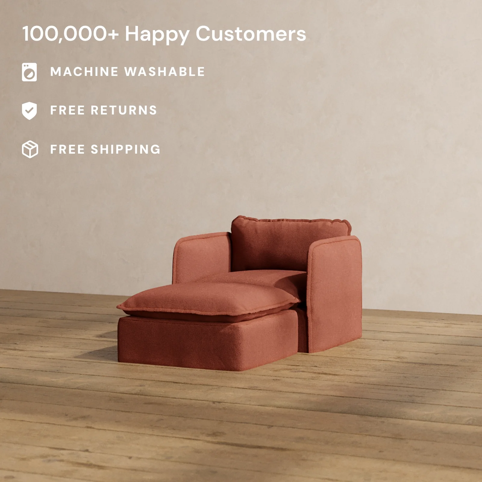 Modular Washable Chaise Armchair in Rust | Memorix+ Seat | Contour Pillow - Image 2