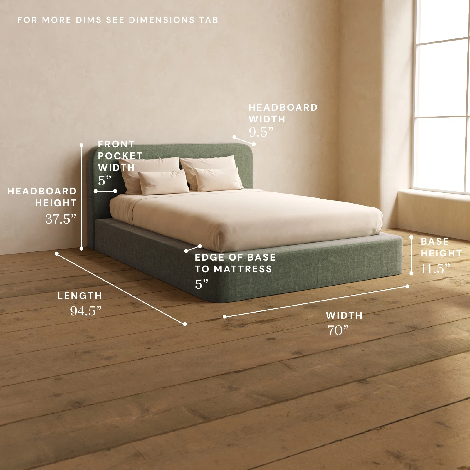 Queen Upholstered Platform Bed + Headboard | Heirloom Velvet in Willow - Image 5