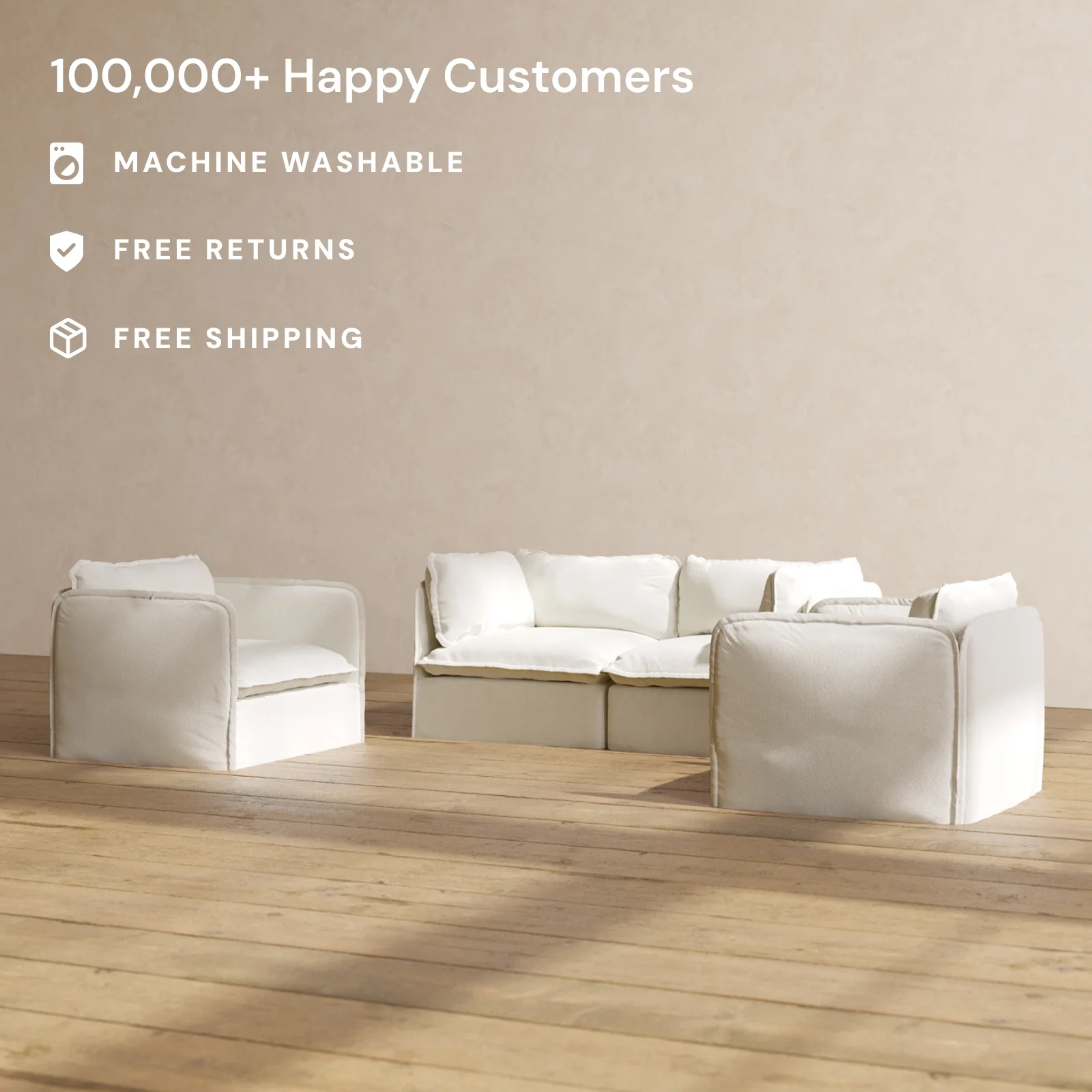 Slipcover Only - Modular Washable 2-Seater Sofa + Armchair Set in Eggshell - Image 2