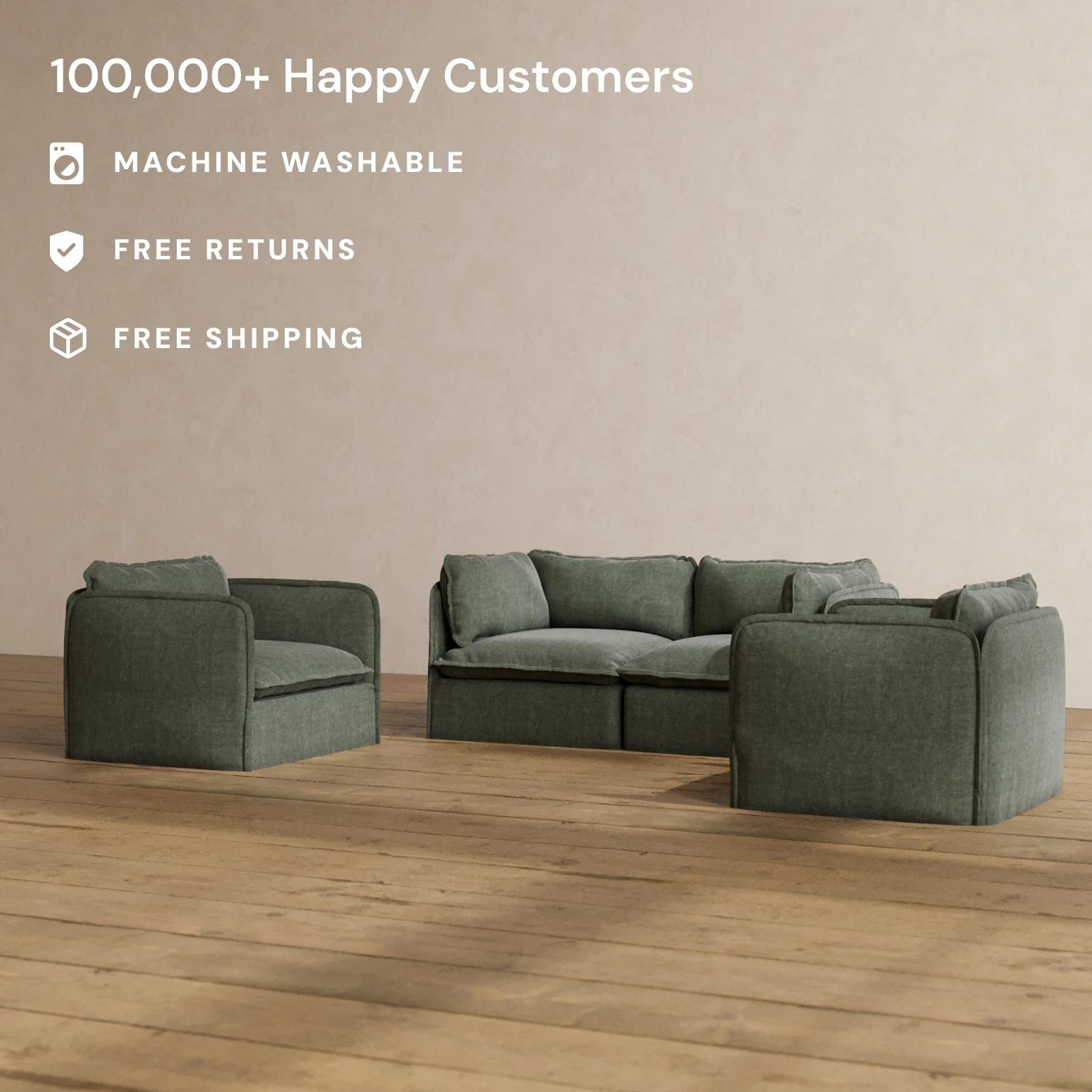 Slipcover Only - Modular Washable 2-Seater Sofa + Armchair Set in Willow - Image 2