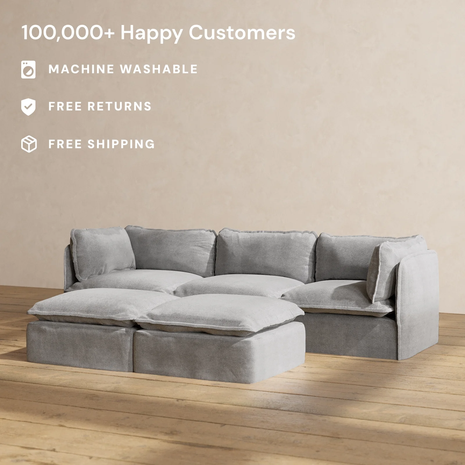 Slipcover Only - Modular Washable 3-Seater + Bench Ottoman in Ash - Image 2