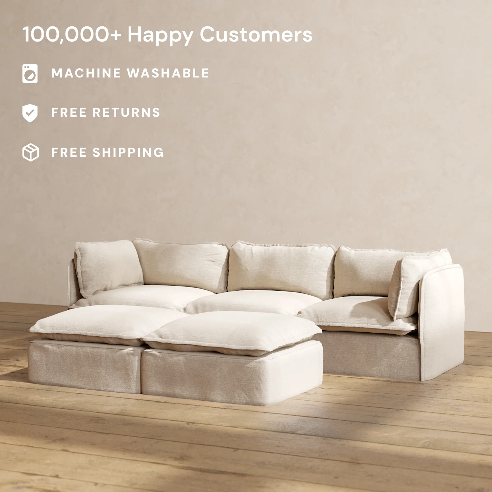 Slipcover Only - Modular Washable 3-Seater + Bench Ottoman in Oat - Image 2