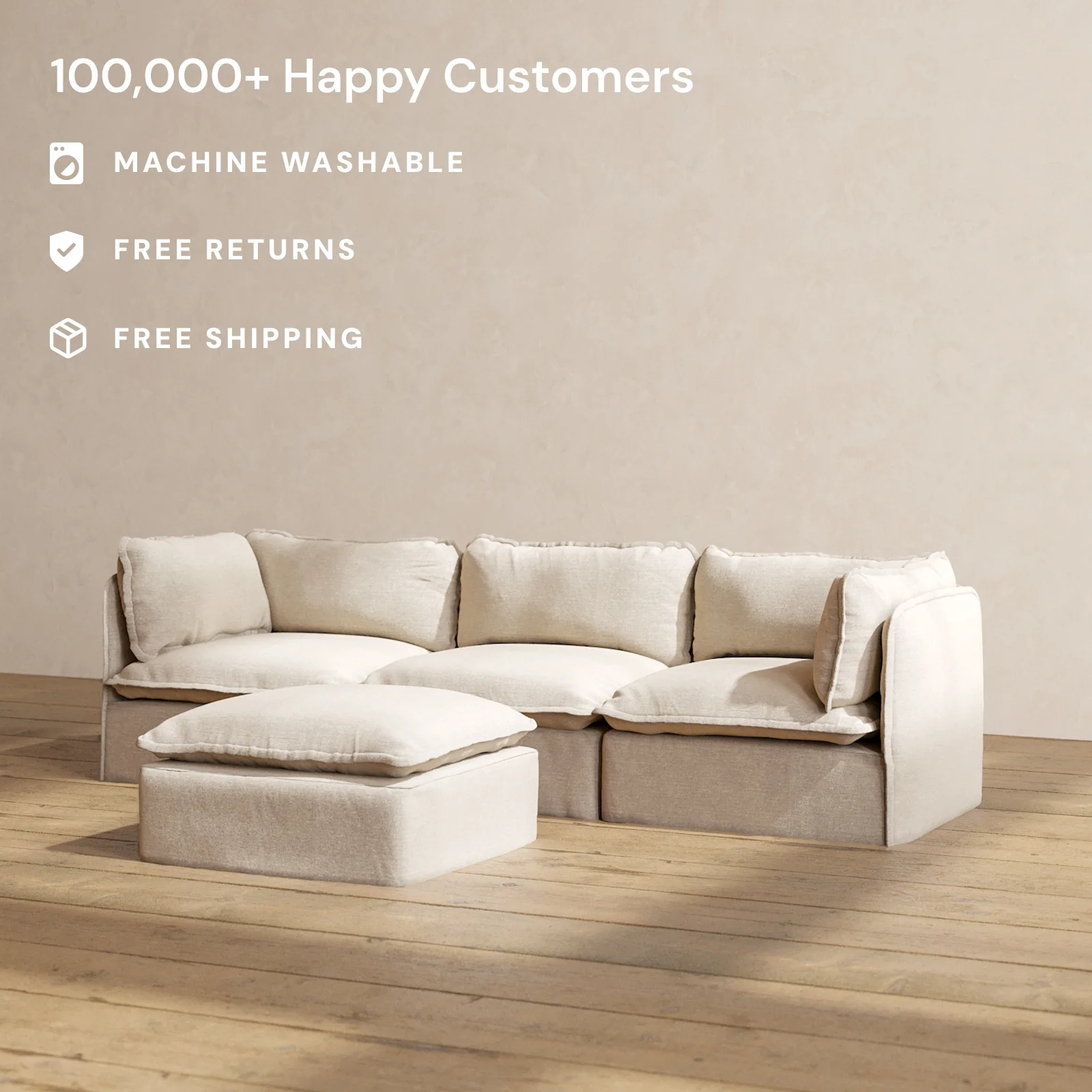 Slipcover Only - Modular Washable 3-Seater + Ottoman in Oat - Image 2