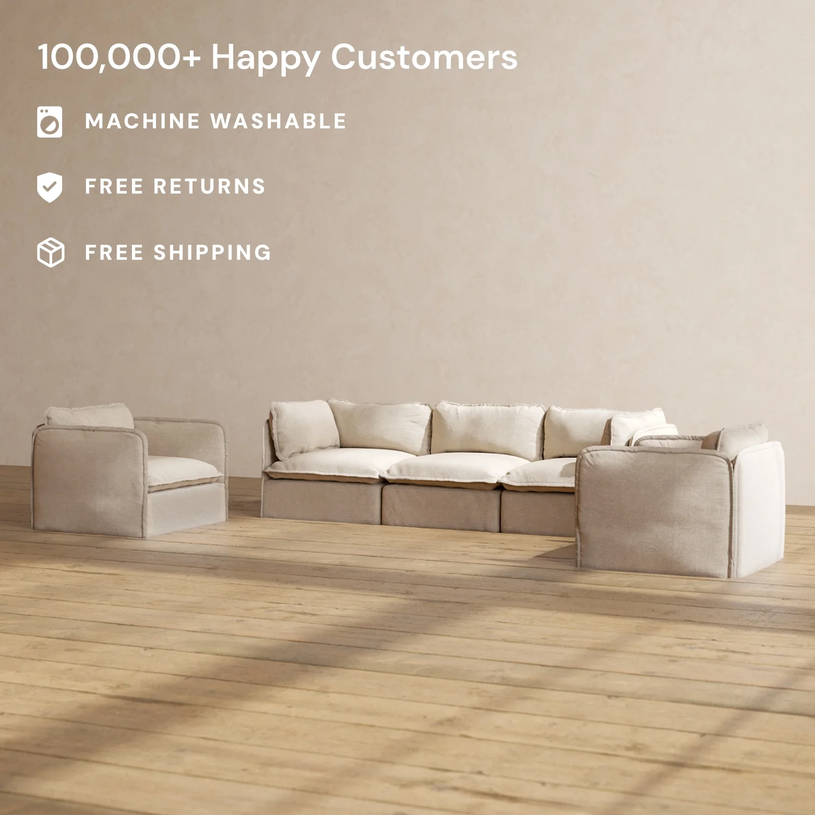 Slipcover Only - Modular Washable 3-Seater Sofa + Armchair Set in Oat - Image 2