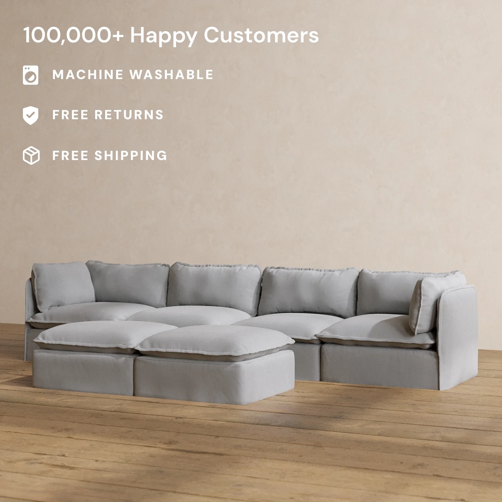 Slipcover Only - Modular Washable 4-Seater + Bench Ottoman in Pumice - Image 2
