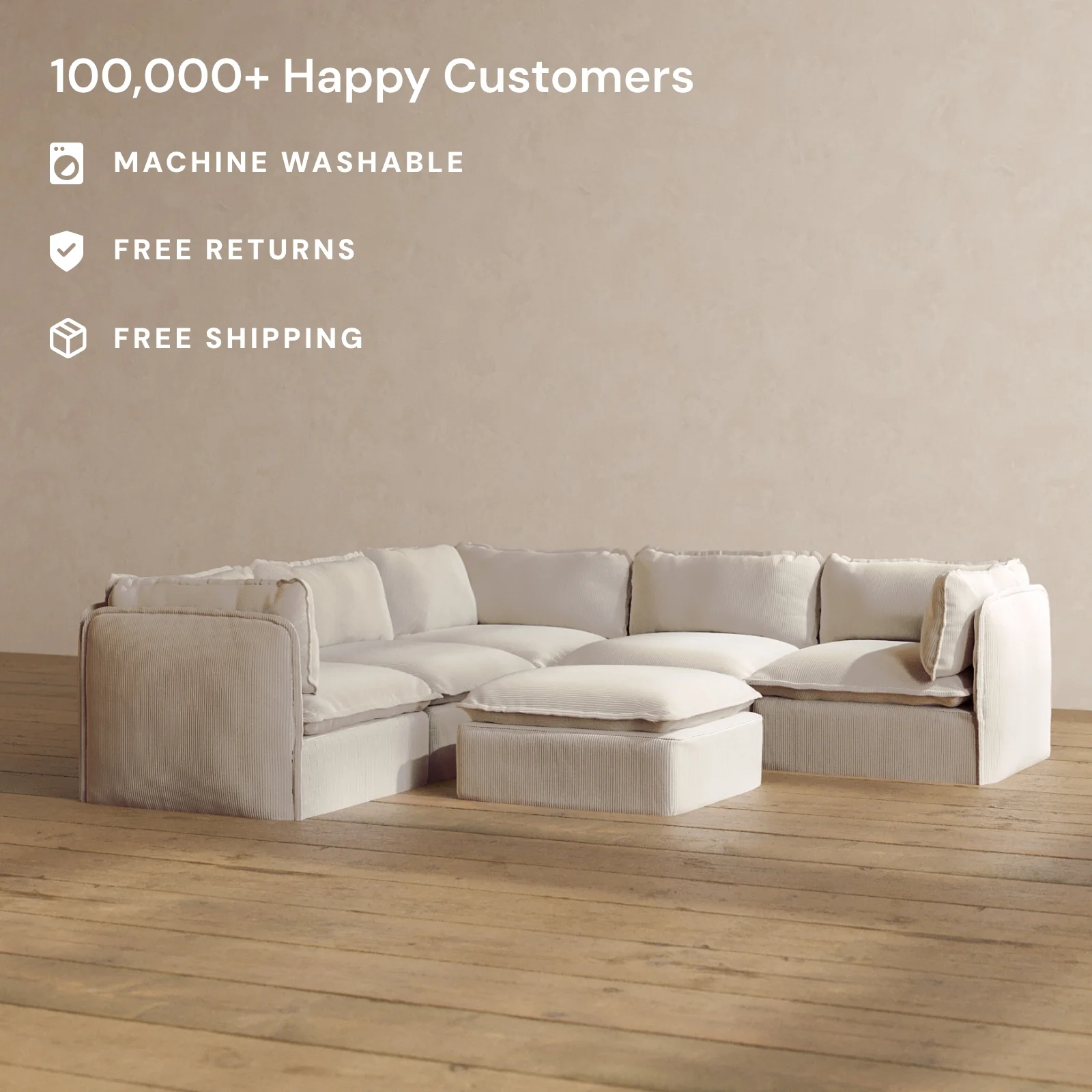 Slipcover Only - Modular Washable 4-Seater Corner Sectional + Ottoman in Milk - Image 2