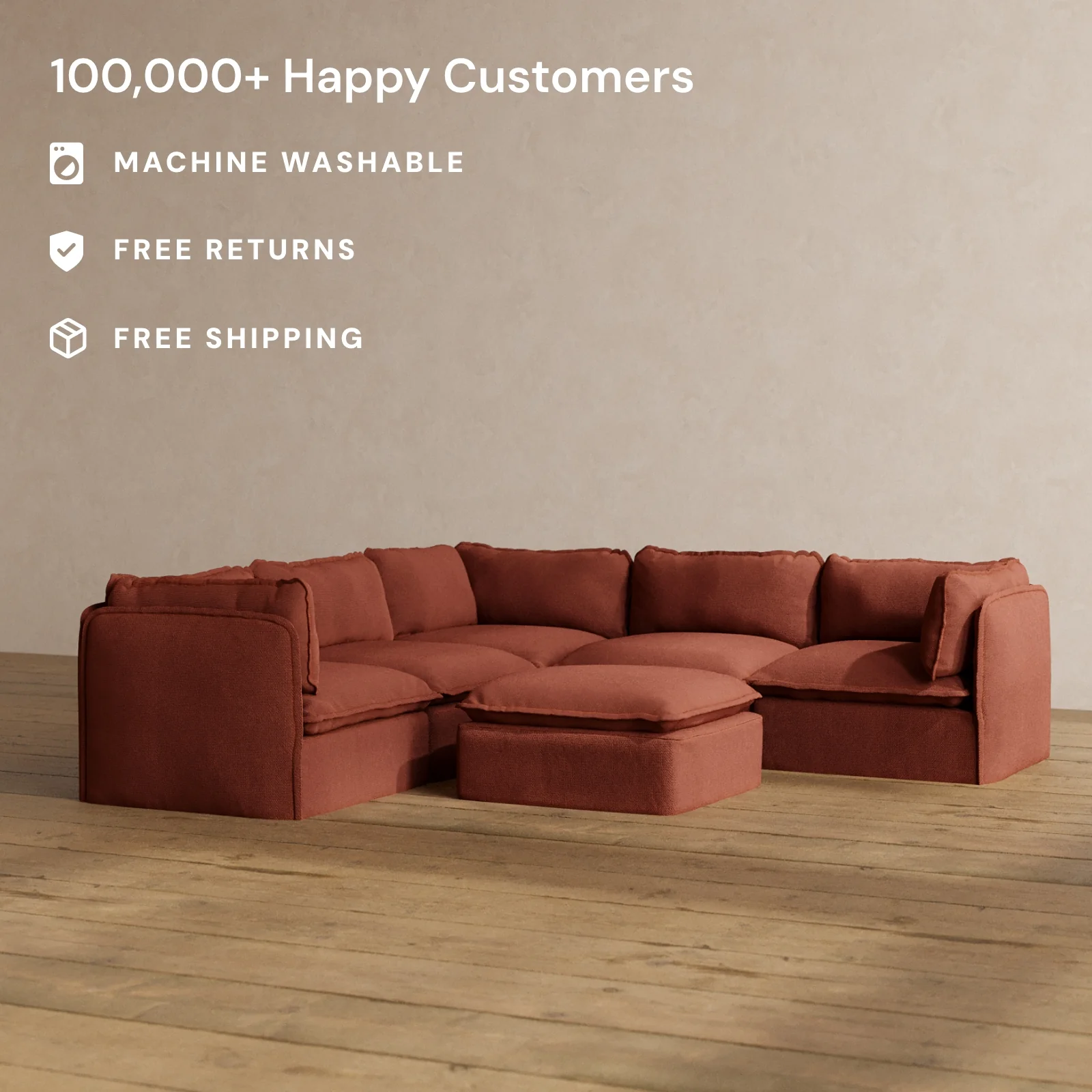 Slipcover Only - Modular Washable 4-Seater Corner Sectional + Ottoman in Rust - Image 2