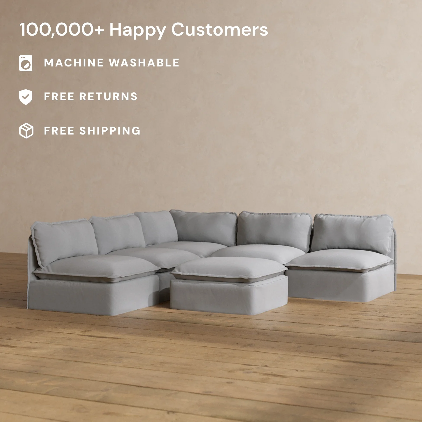 Slipcover Only - Modular Washable 5-Seater Open-Ends Corner Sectional + Ottoman in Pumice - Image 2