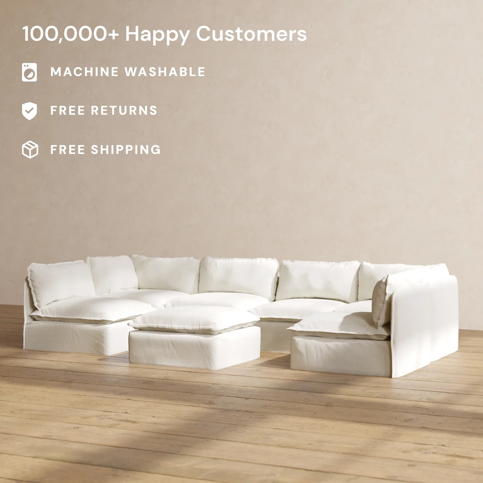 Slipcover Only - Modular Washable 6-Seater Open-Ends U-Sectional + Ottoman in Eggshell - Image 2