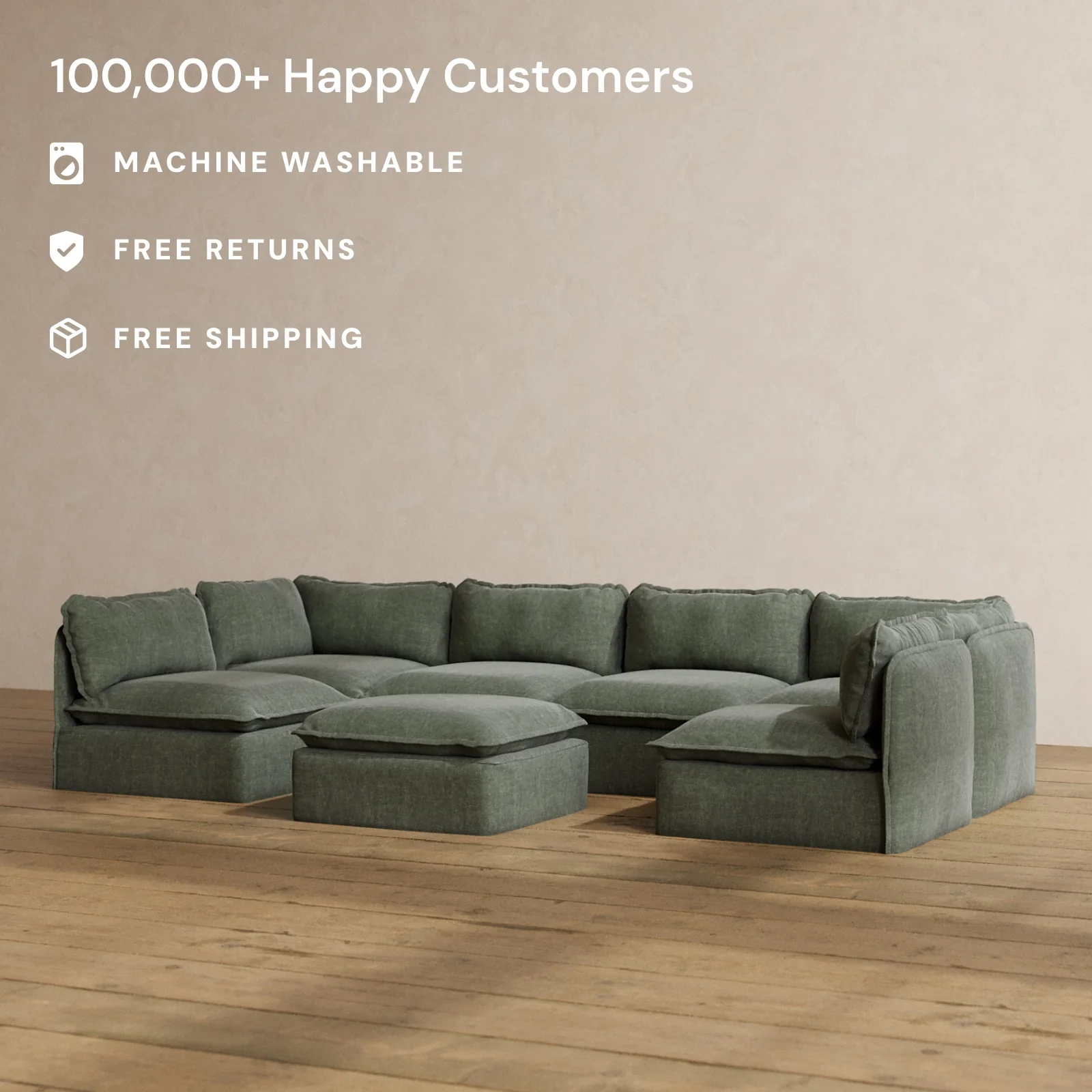 Slipcover Only - Modular Washable 6-Seater Open-Ends U-Sectional + Ottoman in Willow - Image 2