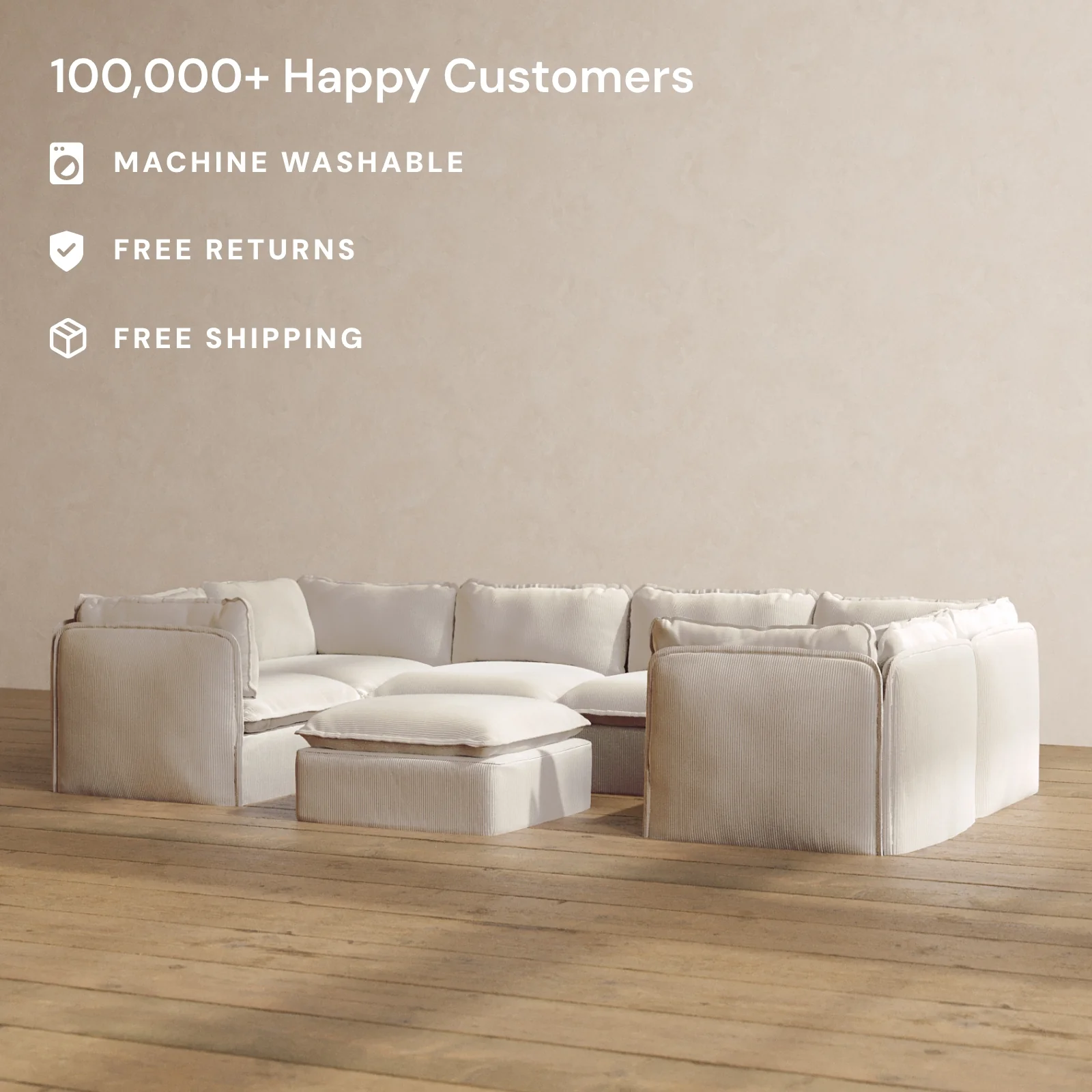 Slipcover Only - Modular Washable 6-Seater U-Sectional + Ottoman in Milk - Image 2