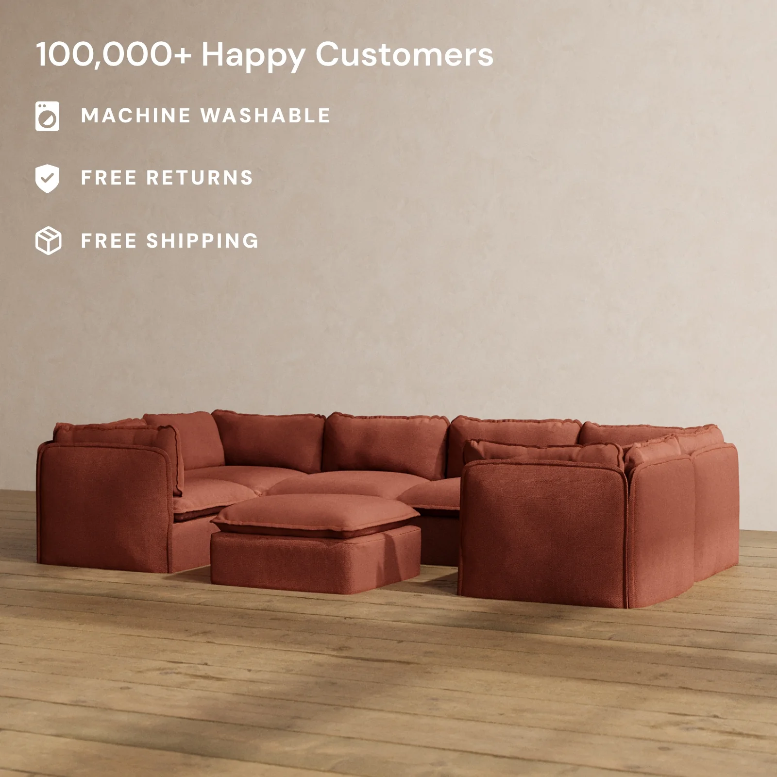 Slipcover Only - Modular Washable 6-Seater U-Sectional + Ottoman in Rust - Image 2