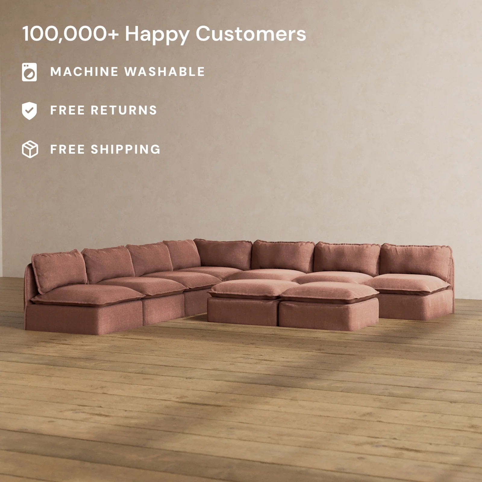 Slipcover Only - Modular Washable 7-Seater Open-Ends Corner Sectional + Bench Ottoman in Chestnut - Image 2