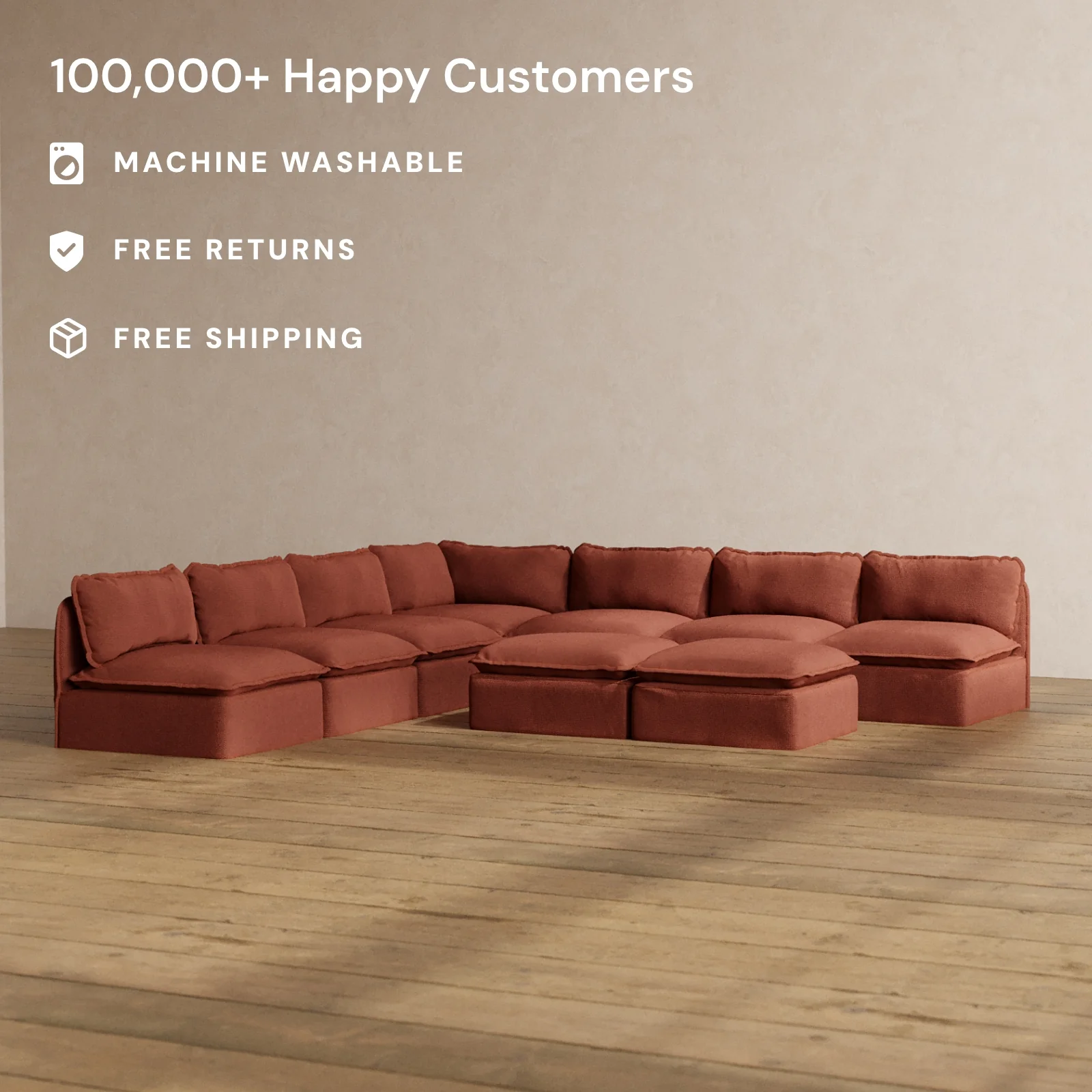 Slipcover Only - Modular Washable 7-Seater Open-Ends Corner Sectional + Bench Ottoman in Rust - Image 2