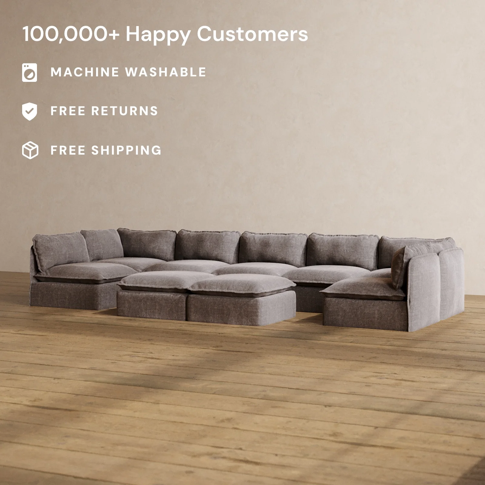 Slipcover Only - Modular Washable 7-Seater Open-Ends U-Sectional + Bench Ottoman in Caviar - Image 2