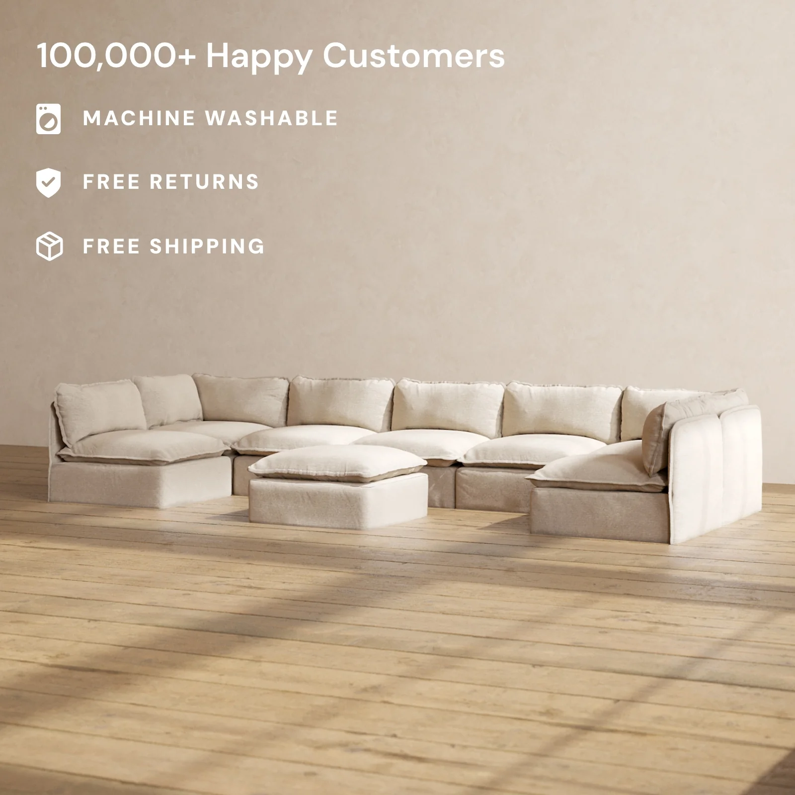 Slipcover Only - Modular Washable 7-Seater Open-Ends U-Sectional + Ottoman in Oat - Image 2