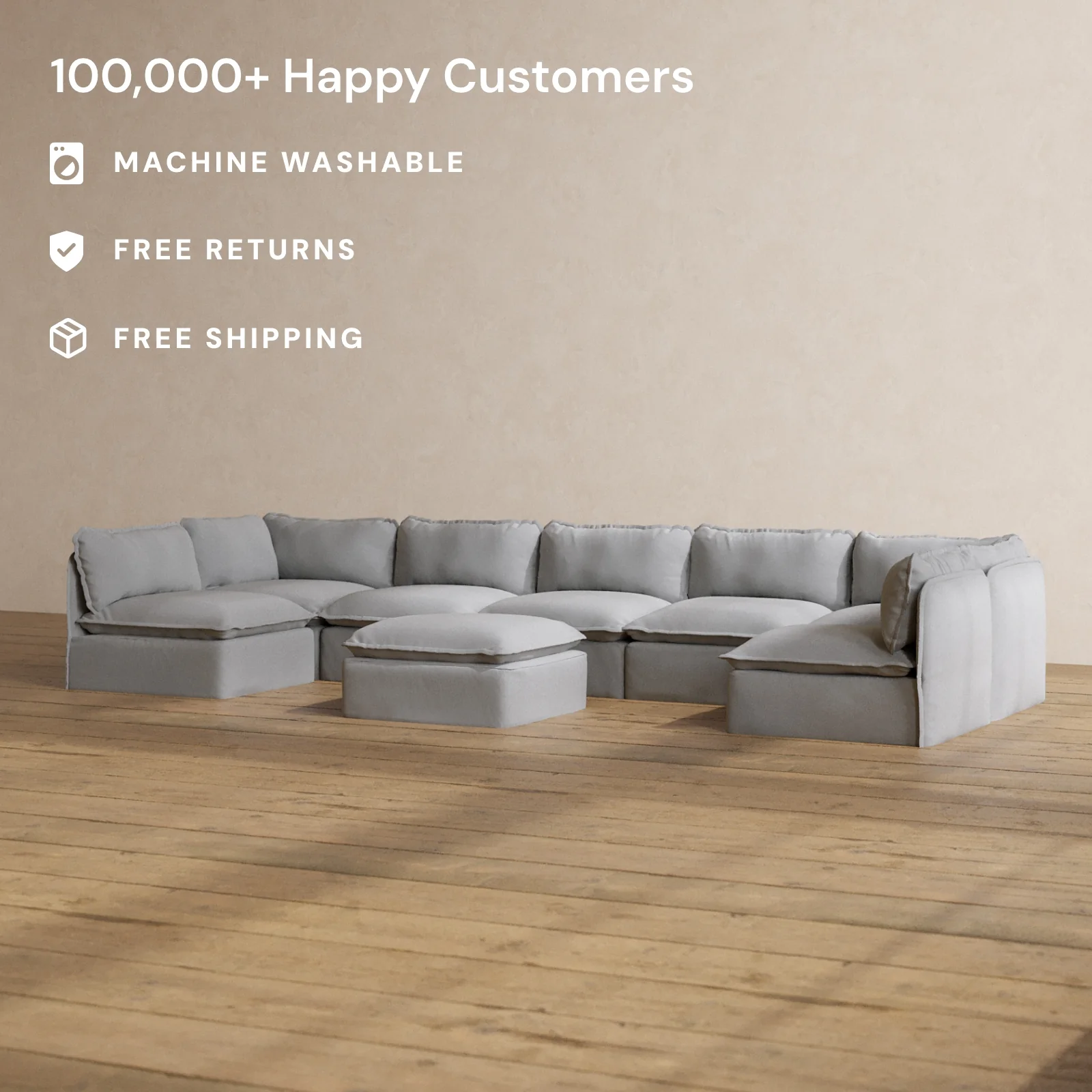 Slipcover Only - Modular Washable 7-Seater Open-Ends U-Sectional + Ottoman in Pumice - Image 2