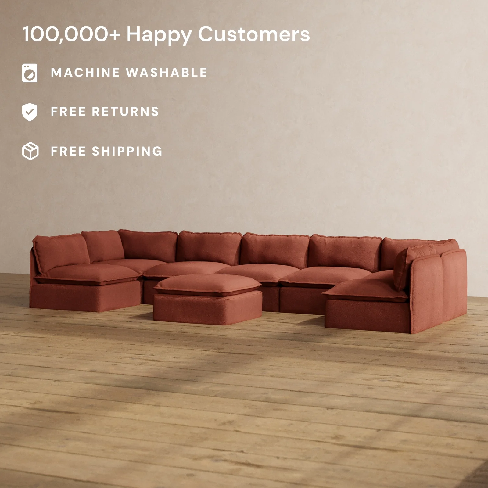 Slipcover Only - Modular Washable 7-Seater Open-Ends U-Sectional + Ottoman in Rust - Image 2