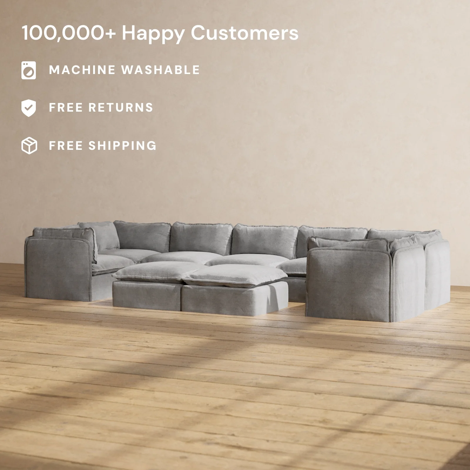 Slipcover Only - Modular Washable 7-Seater U-Sectional + Bench Ottoman in Ash - Image 2
