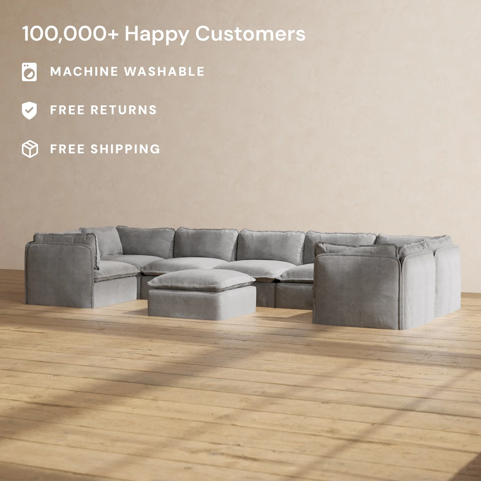 Slipcover Only - Modular Washable 7-Seater U-Sectional + Ottoman in Ash - Image 2