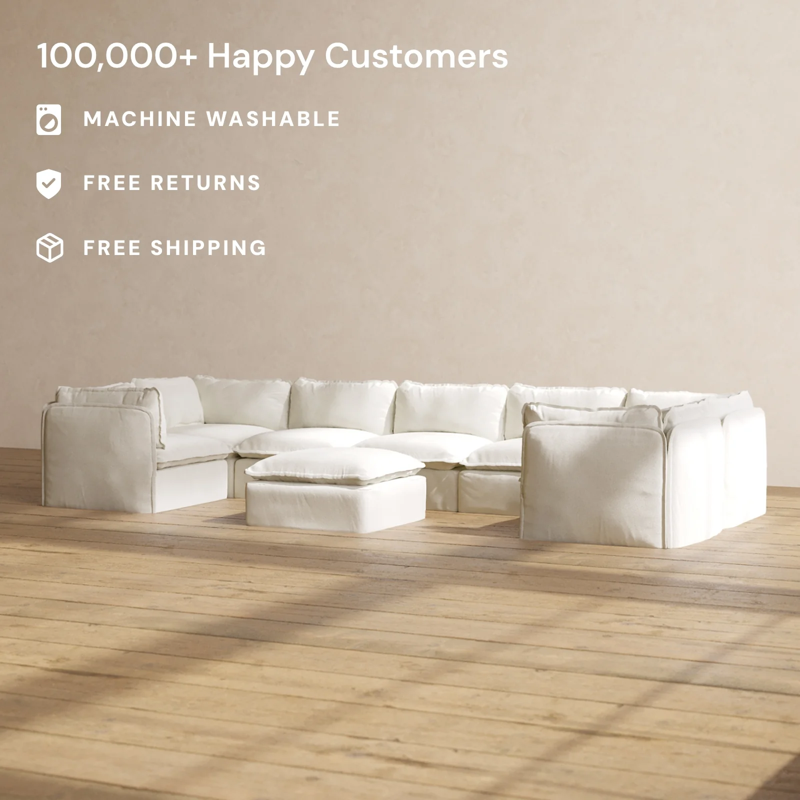 Slipcover Only - Modular Washable 7-Seater U-Sectional + Ottoman in Eggshell - Image 2