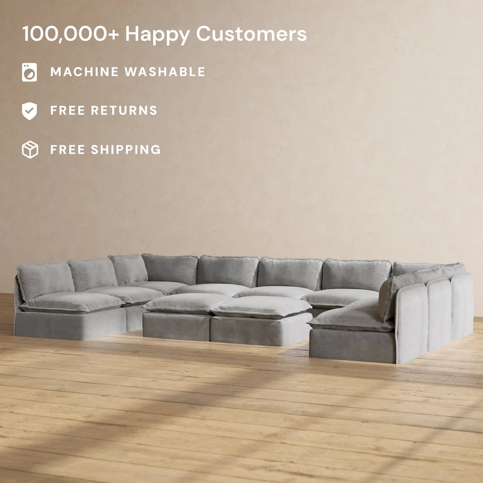 Slipcover Only - Modular Washable 9-Seater Open-Ends U-Sectional + Bench Ottoman in Ash - Image 2