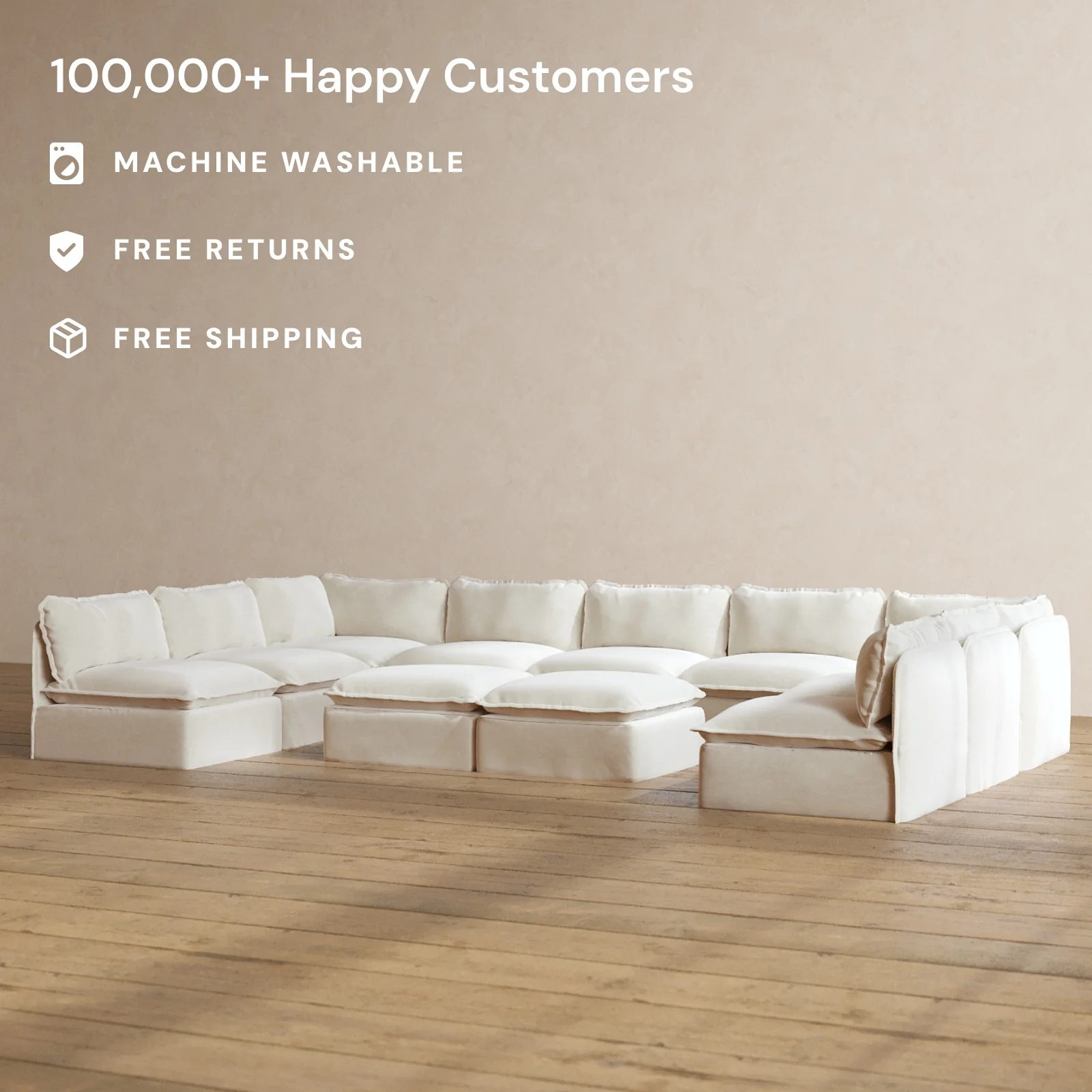 Slipcover Only - Modular Washable 9-Seater Open-Ends U-Sectional + Bench Ottoman in Coco - Image 2