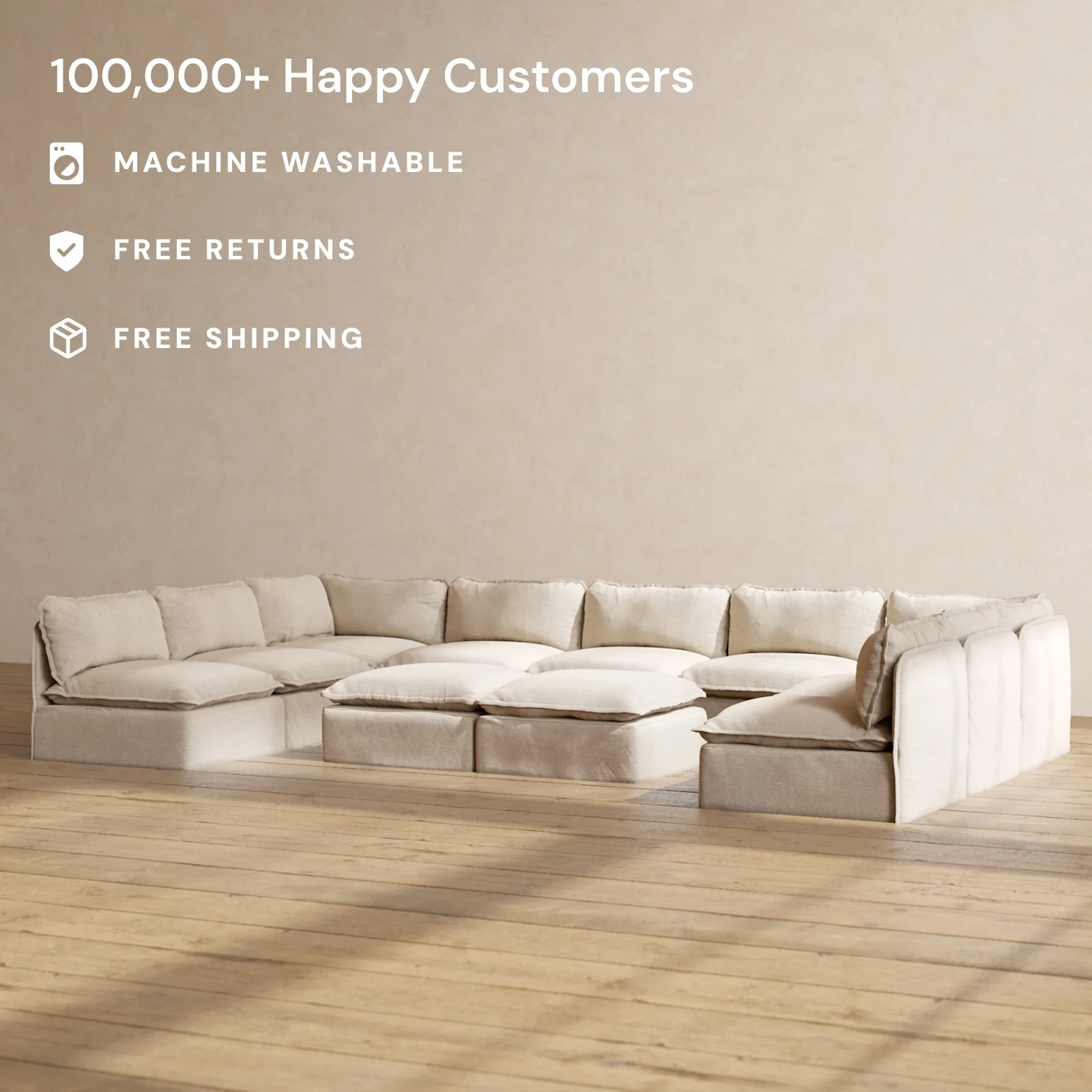 Slipcover Only - Modular Washable 9-Seater Open-Ends U-Sectional + Bench Ottoman in Oat - Image 2