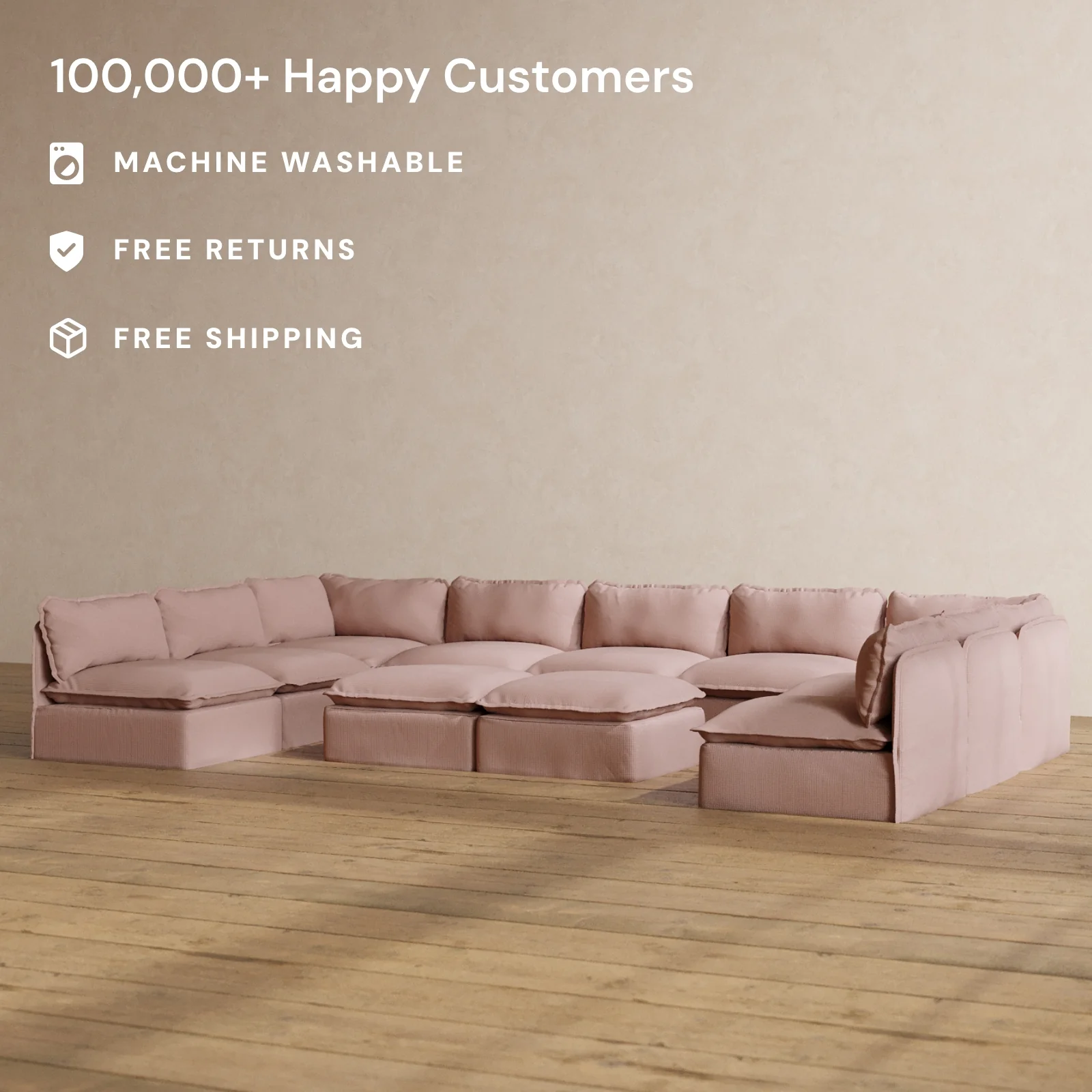 Slipcover Only - Modular Washable 9-Seater Open-Ends U-Sectional + Bench Ottoman in Sakura - Image 2