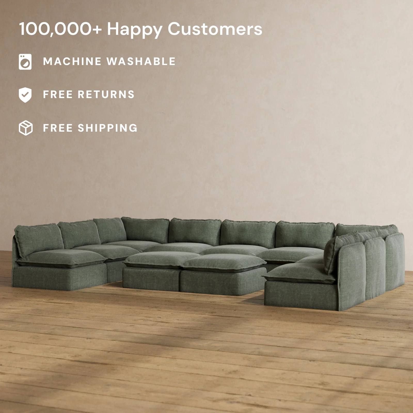 Slipcover Only - Modular Washable 9-Seater Open-Ends U-Sectional + Bench Ottoman in Willow - Image 2